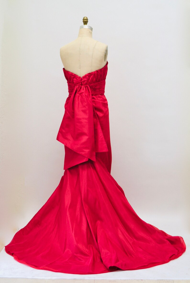 90s 2000s Vintage Strapless Red Silk Gown Dress Evening Ball Gown Small Medium Melinda Eng Strapless Gown Dress Long Red Train Dress image 6