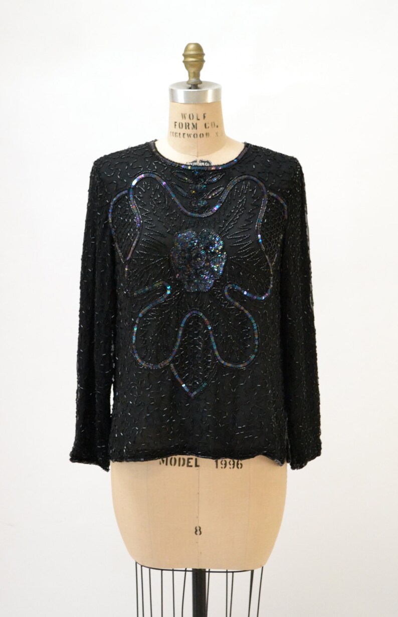 Vintage Black Sequin Shirt Top Medium// Vintage Black Beaded Shirt size Medium Metallic Flapper Art Deco Inspired flower POwer Long sleeves image 4