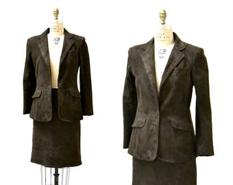 90s Vintage Leather Suede Suit Brown Suede Leather Skirt and Jacket Blazer Size Medium