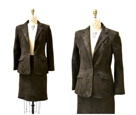 90s Vintage Leather Suede Suit Brown Suede Leather Skirt and Jacket Blazer Size Medium