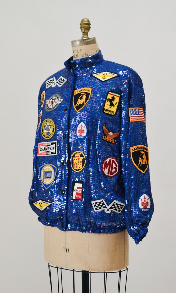 80s 90s Vintage Blue Sequin Bomber Jacket Race Ca… - image 8