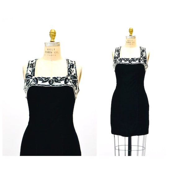 90s Vintage Prom Party Dress Black Velvet Dress Silver Sequins 