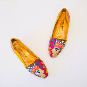 80s 90s Vintage Yellow Face Leather Flats by Gomez Rivas Size 7 1/2 8 yellow Rainbow Leather Shoes Flats Tropical Face Pop Art Leather Shoes image 3