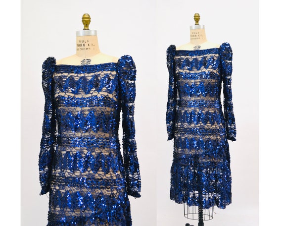 Vintage 80s 90s Lace Sequin Dress Metallic Blue  … - image 2