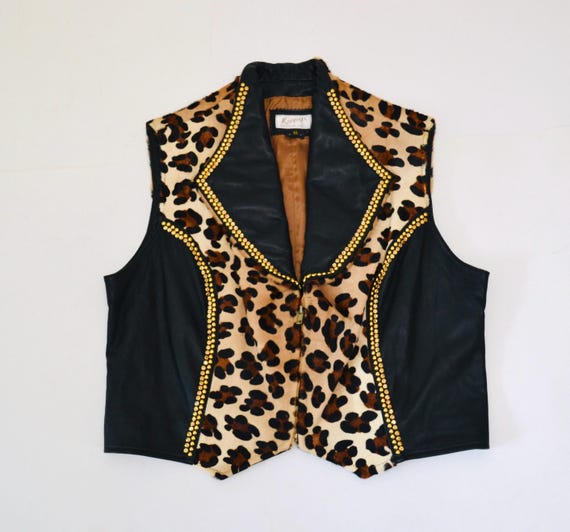 80s 90s Vintage Studded Black Leather Animal Print Vest Gold