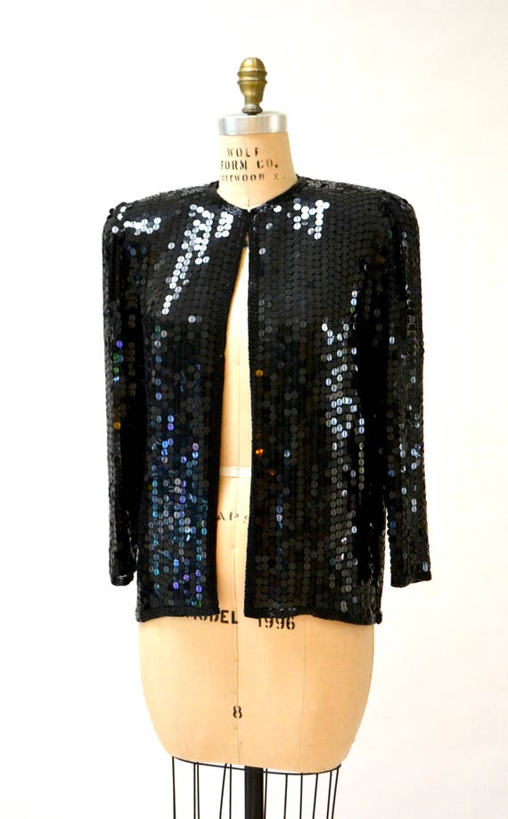 Vintage Black Sequin Jacket Small Medium// Black … - image 3