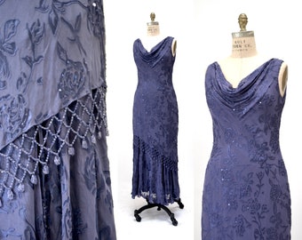 Vintage 90s 00 Y2K Bias Cut Silk Dress Purple Ruffle Beaded Floral Silk Bias Cut Tank Dress Medium Large Silk Burnout Beaded Cowl Neck Dress