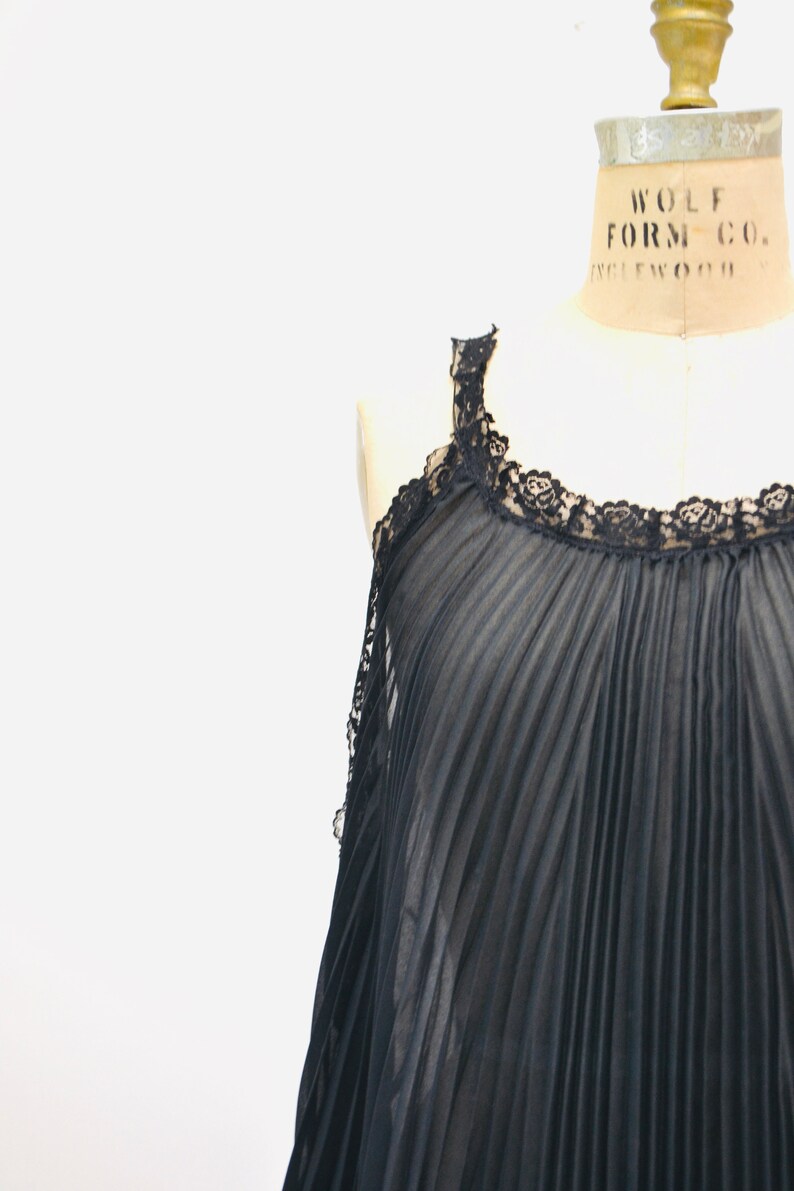 60s 70s Vintage Black Sheer Babydoll Pleated Nightgown Lingerie by Parisian Maid// Black Sheer Lingerie Night gown Black Honeymoon Maternity image 3