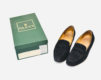 Mocasines Gucci negros vintage de los años 80, mocasines de ante negro, Gucci, talla 39, 7 1/2, 8, zapatos Gucci vintage de cuero negro, planos para mujer