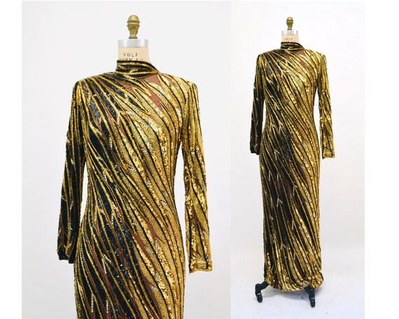 80s 90s Vintage Black Gold Beaded Sequin Gown Dre… - image 2