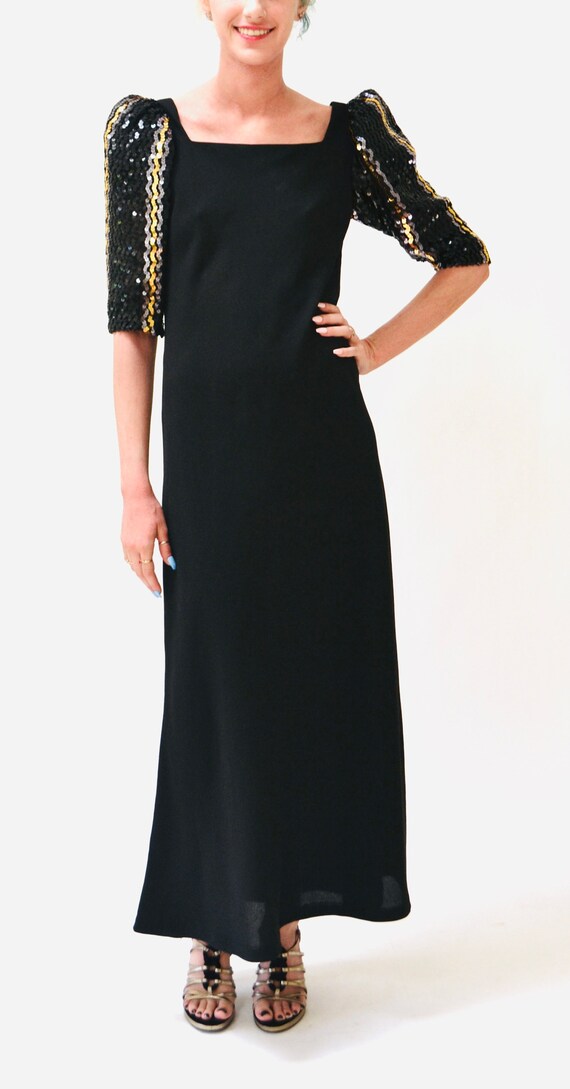 70s 80s Vintage Black Sequin Long Dress by Lillie… - image 7