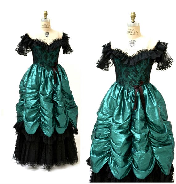 Vintage 80s Prom Dress XXS XS Metallic Green Blac… - image 1