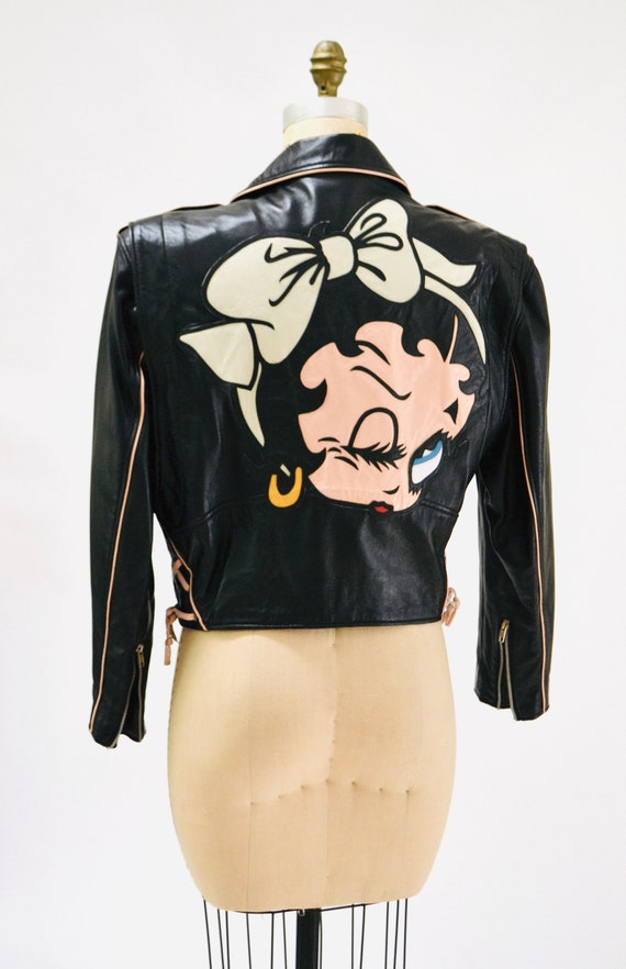 Vintage Black Leather Motorcycle Jacket Betty Boo… - image 7