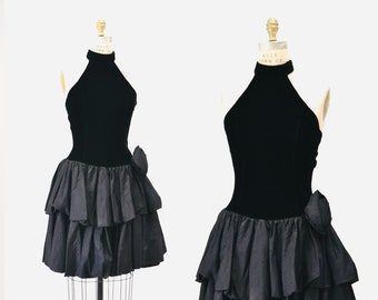 80s 90s Vintage Black Prom Dress Party Dress Velvet Halter Top Ruffle Dress Small Crinoline Skirt// 90s Vintage Prom Dress Black XS Small