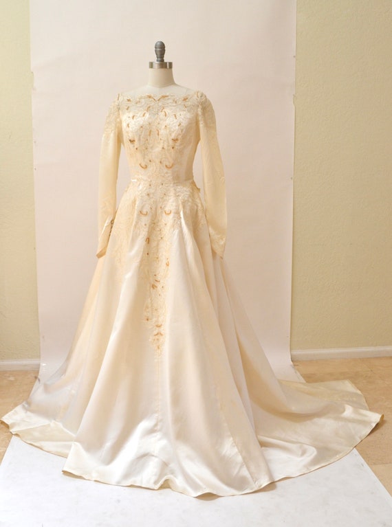 50s 60s Vintage Long Sleeve Wedding Dress Gown XS… - image 10