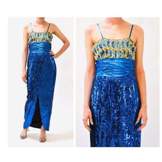 Vintage 80s Prom Dress Blue Sequin Metallic Gown … - image 2