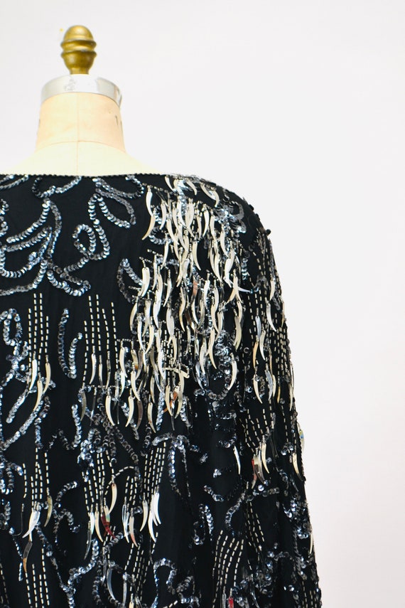 80s Glam Sequin Party Top Black Silver Metallic 8… - image 7