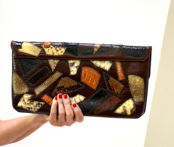 Vintage Leather Clutch Purse Handbag Brown Snakes… - image 3