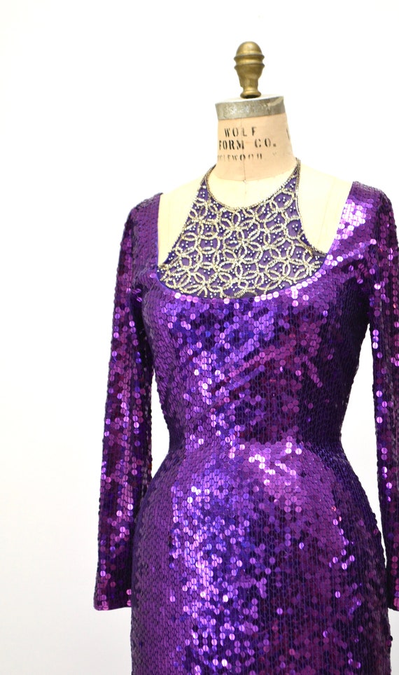 90s Vintage Purple Sequin Dress Medium Metallic D… - image 4