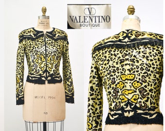 80s Vintage Valentino Sequin Jacket Leopard Cheetah Animal Pattern Beaded Fringe// Vintage Valentino Sequin Beaded Jacket Small Medium