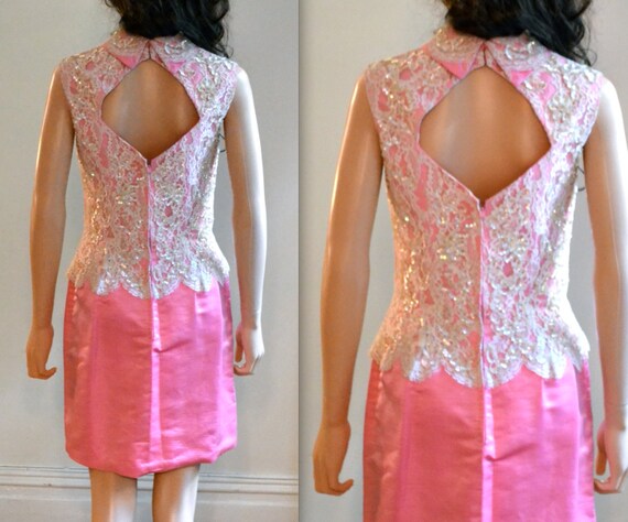 60s Vintage Party Bridesmaid Dress Pink with Lace… - image 3