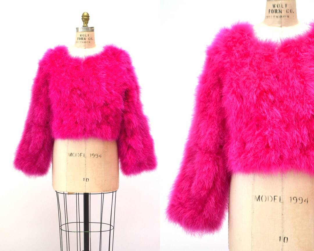 80s Vintage Bright Pink Feather Jacket Marabou Feather Jacket Small