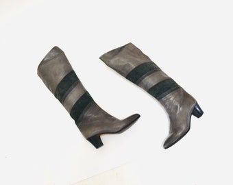 80s Vintage Gray Leather High Heel Boots 6 36 Leather High Heel Knee High Boots Pointed Toe boots Made in Italy FRATELLI ZANIN