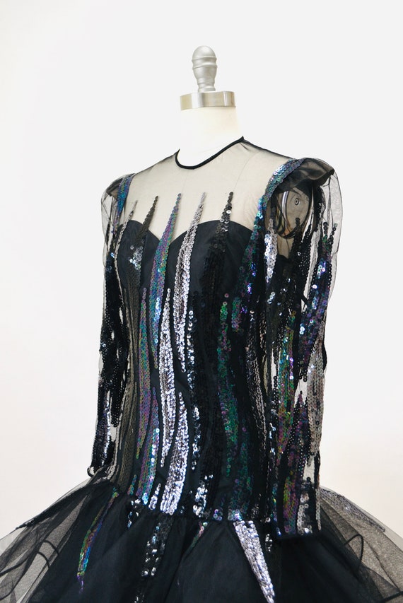 Vintage 80s 90s Black Sheer Sequin Dress XS Small… - image 8
