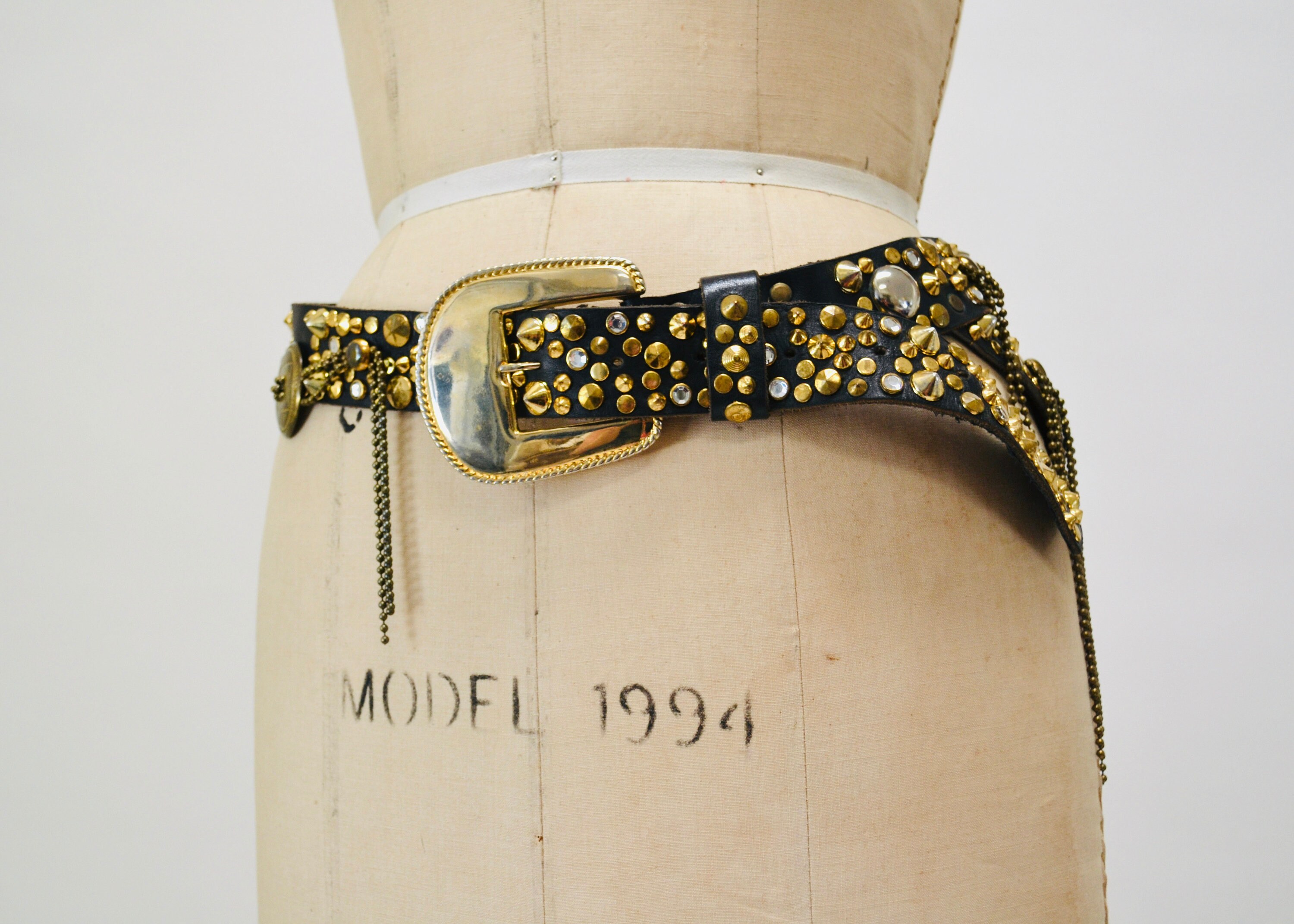 80s Vintage Black Gold Studded Rhinestone Belt by Michael