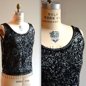 Vintage 60s Black Sequin Shirt Tank Top Shell Size Medium Large// Black Metallic Sequin Top Shirt Shell Size Large Beaded Fringe