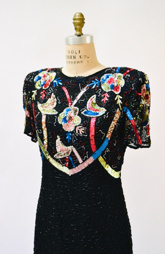 Vintage Black Sequin Beaded Dress Large Flower Be… - image 3