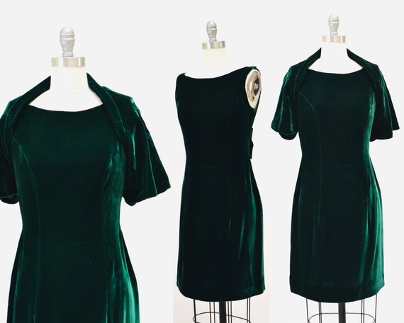 60s 70s Green Velvet Dress and Matching Cropped J… - image 1