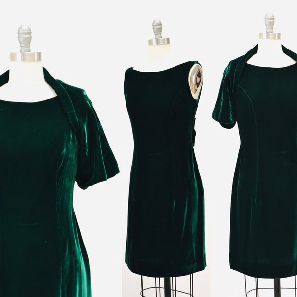 60s 70s Green Velvet Dress and Matching Cropped Jacket Caplet Vintage Green  Velvet Dress XS SMALL Bow Party Dress Dark Green Holiday Party