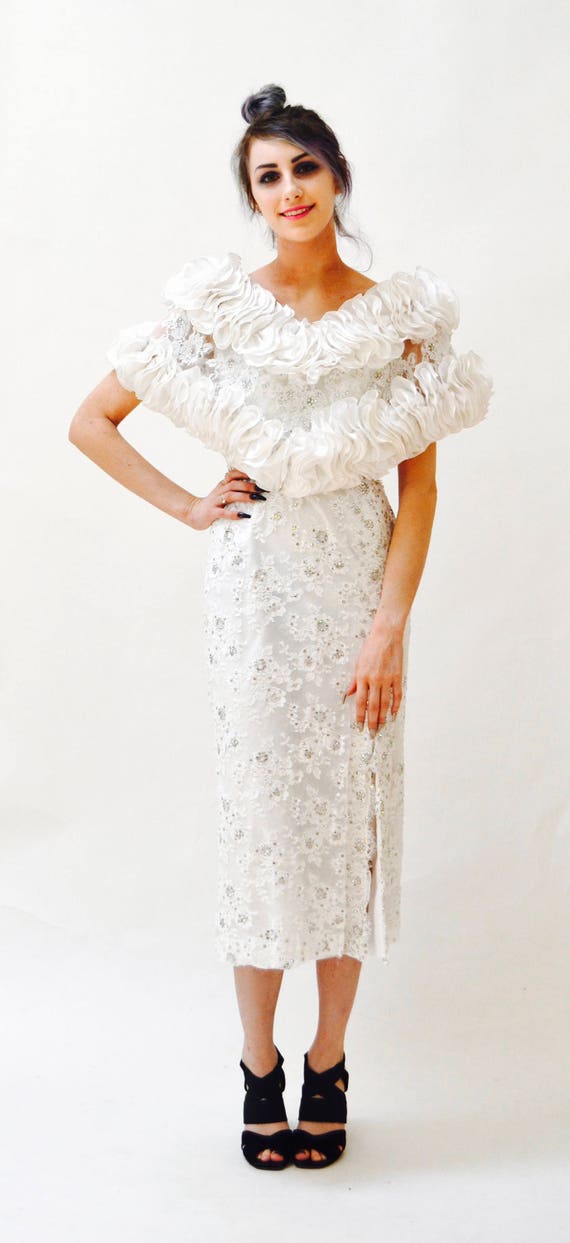 80s Vintage White Lace and Rhinestone Evening Gow… - image 5