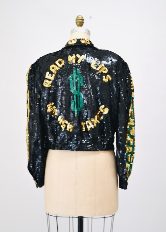 90s Vintage Black Sequin Jacket by Modi Money NO More Taxes