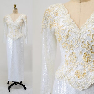 Robe de mariée vintage en dentelle blanche à sequins des années 80 et 90, robe de mariée classique vintage petite taille//robe vintage à sequins blancs à manches longues image 1