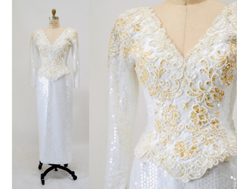 Robe de mariée vintage en dentelle blanche à sequins des années 80 et 90, robe de mariée classique vintage petite taille//robe vintage à sequins blancs à manches longues image 1