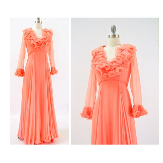 70s Alfred Bosand Vintage Peach Ruffle Dress Long… - image 2