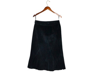 Vintage Black Suede Leather Skirt Midi Black Suede Skirt with Godets Size Medium