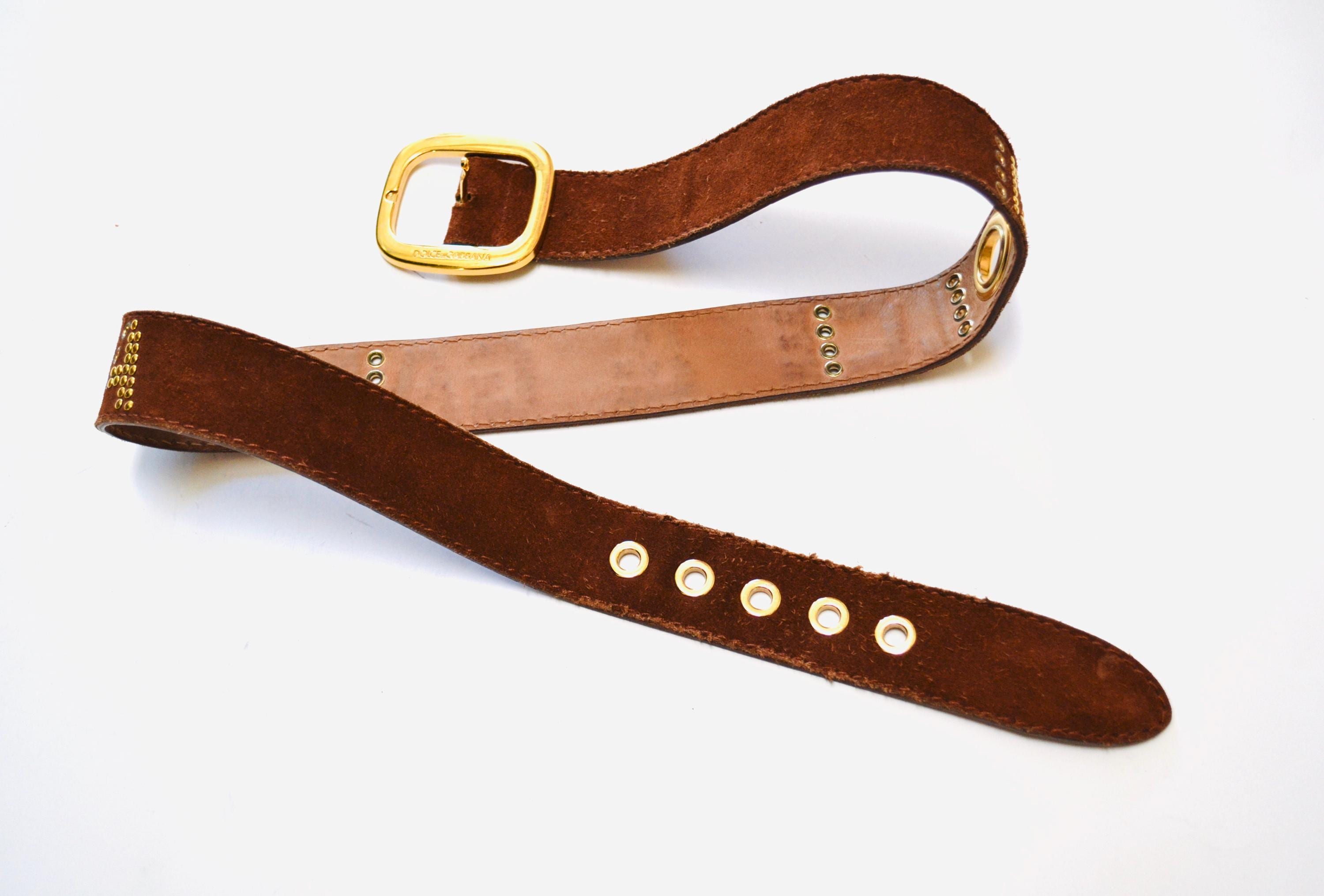 90s 2000s Vintage Dolce & Gabbana Belt Brown Suede Leather Gold
