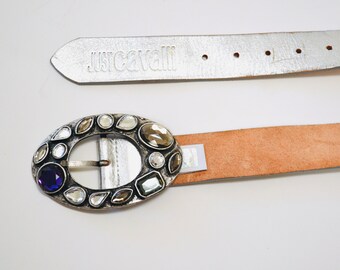 Y2K 2000s Just Cavalli Silver Leather Belt Rhinestone  display picture 3