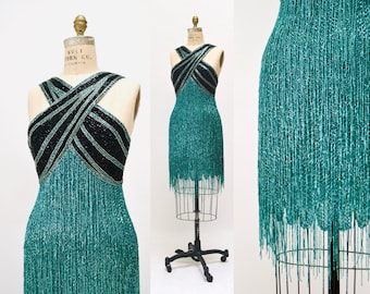 80s Vintage Bob Mackie Blue Green Beaded Fringe Dress Vintage Green Metallic Dress Small // Beaded Fringe Dress Flapper Inspired Cher Dress
