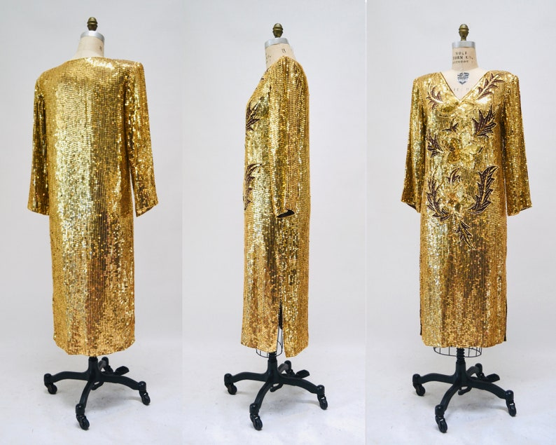 70s 80s Vintage Gold Sequin Dress Vintage Gold Metallic Dress medium large // Sequin Dress Flapper Inspired Cher Dress 80s Glam image 8