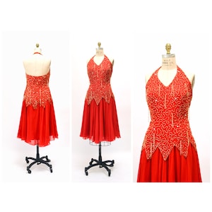 Stunning 80s 90s Vintage Red Beaded Dress Medium Large// 80s 90s Red Beaded Fringe Pageant Dress Halter Neck Showgirl Red Silk Chiffon Dress