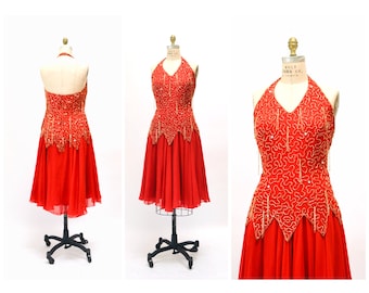 Stunning 80s 90s Vintage Red Beaded Dress Medium Large// 80s 90s Red Beaded Fringe Pageant Dress Halter Neck Showgirl Red Silk Chiffon Dress