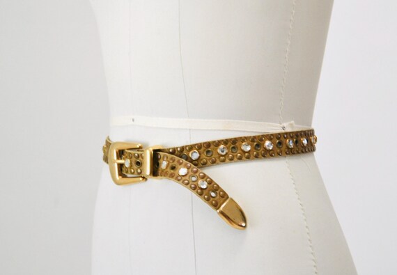 90s 2000s Vintage Gold Rhinestone Belt Brown Leat… - image 4