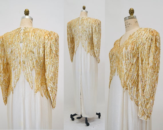 80s 90s Vintage Cream Sequin Beaded Gown Dress Me… - image 2