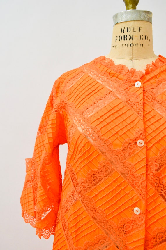 70s Vintage Orange Dress Lace Patchwork House Dre… - image 7