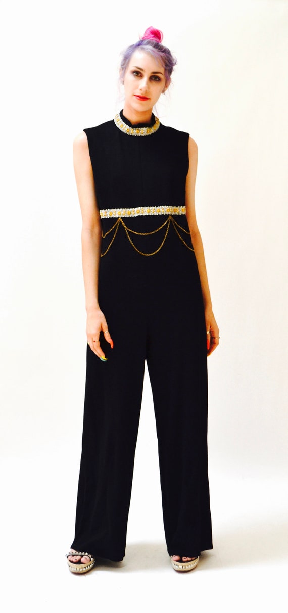 70s Vintage Black Jumpsuit Medium Large Metallic … - image 6