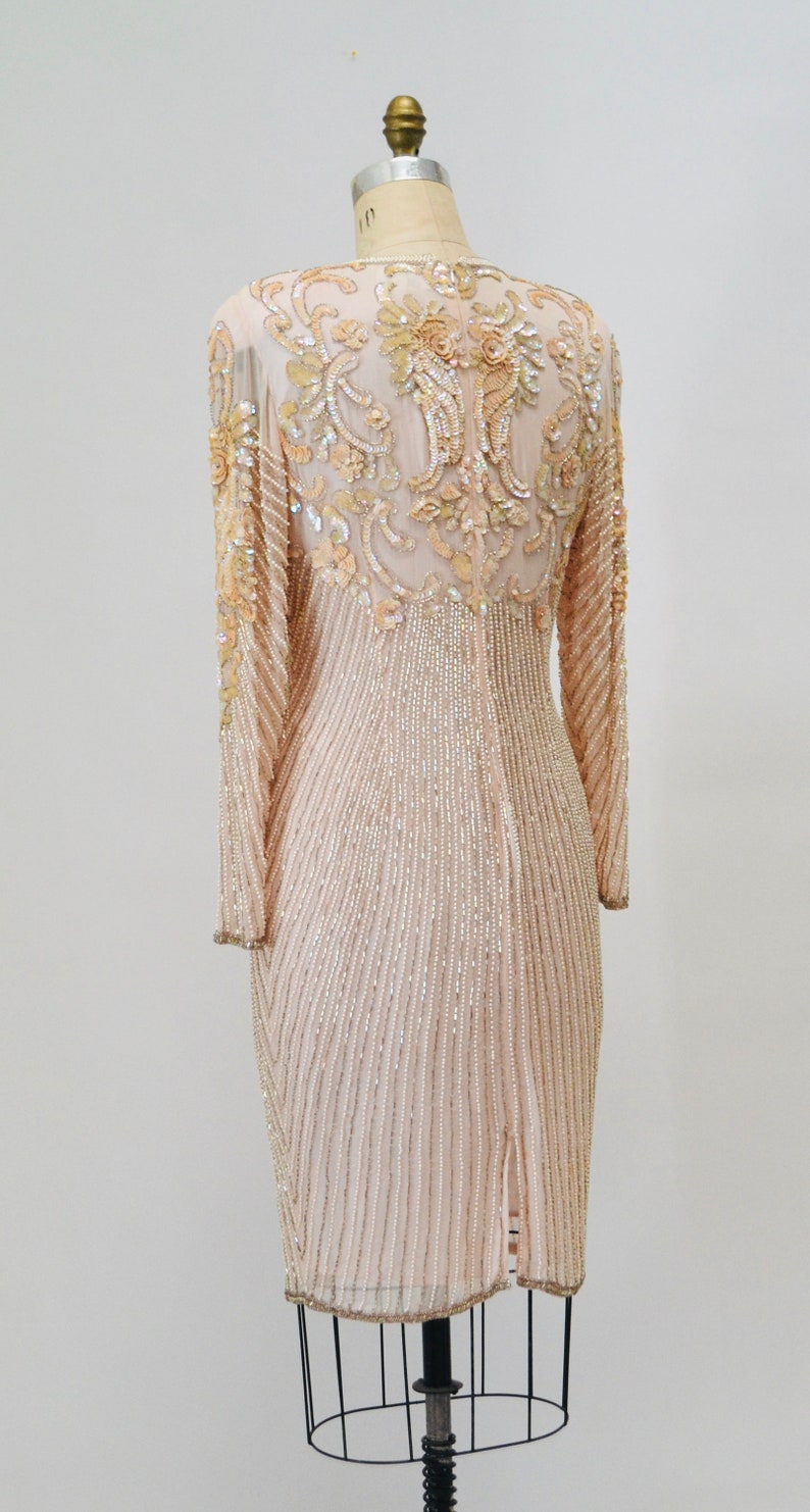 80s 90s Vintage Pink Peach Beaded Sequin Dress Small Medium // 80s 90s Glam Vintage Metallic Sequin Pink Cocktail Wedding Party Dress image 6